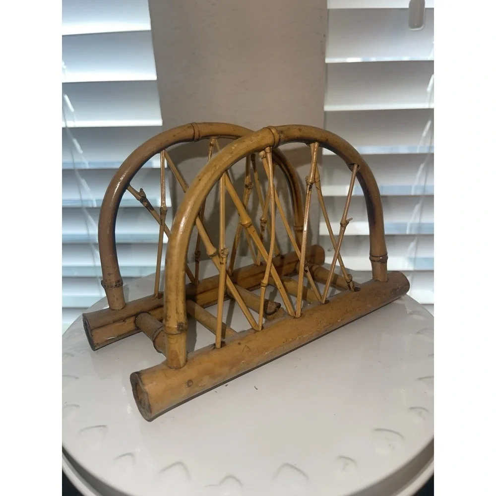 Vintage MCM Bamboo Wicker Rattan Napkin Letter Holder 7